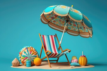 Wall Mural - A beach umbrella with chairs and beach stuff on a blue background. Summer vacation is a concept. Generative AI