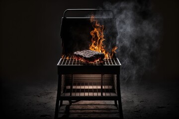 Canvas Print - A charcoal barbecue with an open flame and no food within is ready for product placement. Concept of summer grilling, barbecue, bbq and party. copyspace in black. Generative AI