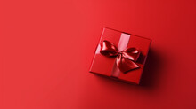 Beautiful Red Square Gift Box With Red Bow On Side On Red Background, Top View, Created By AI