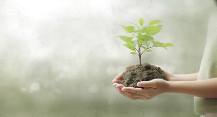 Wall Mural - little hands with plant in their hands on white background with green leaf generative AI