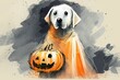 playful dog wearing a ghost costume and holding a pumpkin. Generative AI