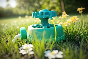 Poster - A plastic sprinkler watering a flower bed on a grass lawn in the summer garden. During the dry season, water green plants to keep them healthy. Generative AI