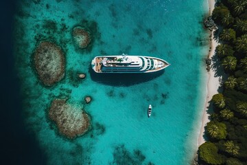 Wall Mural - boat anchored near a sandy beach with clear blue waters. Generative AI