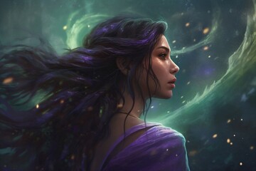 Wall Mural - cute woman with long black hair with purple strands and purple dress created with Generative AI technology