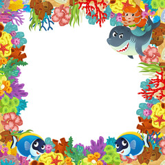 Wall Mural - cartoon scene with coral reef and happy fishes swimming near mermaid princess isolated illustration for children