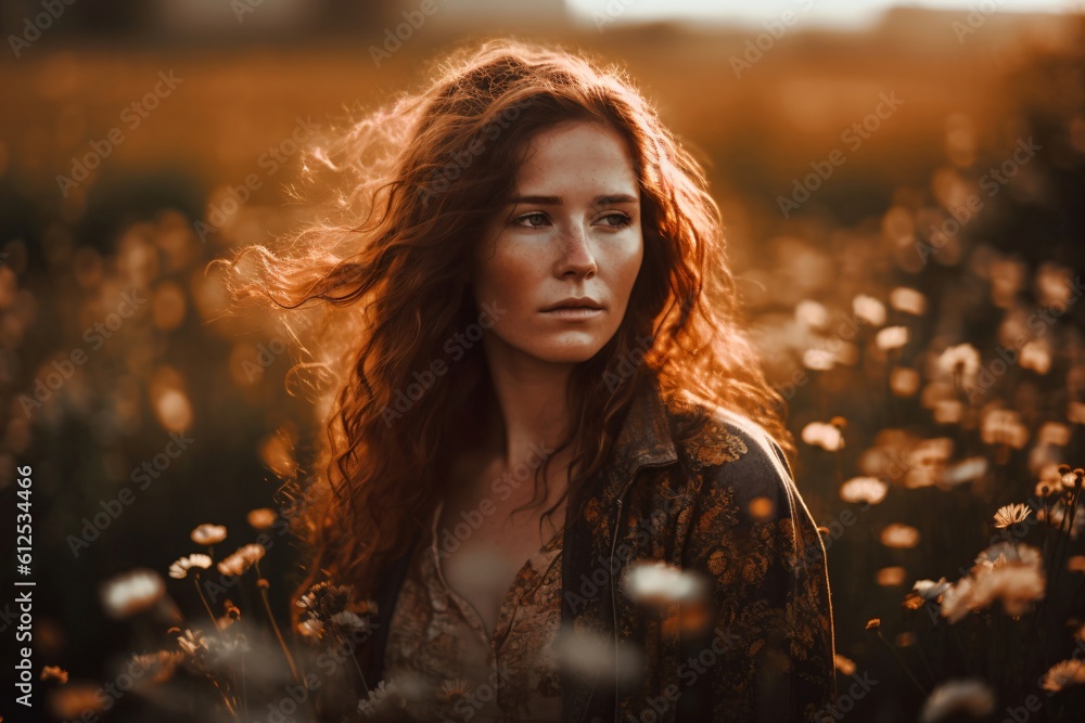 pretty woman with curly hair stands in a field of flowers created with ...