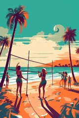 Wall Mural - A group of people playing volleyball on a beach. Generative AI image.