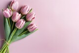 Fototapeta Tulipany - Beautiful composition spring flowers. Bouquet of pink tulips flowers on pastel pink background. Valentine's Day, Easter, Birthday, Happy Women's Day, Mother's Day. Flat lay, top view | Generative AI 