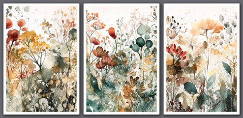 Wall Mural - Watercolor floral backgrounds set. Modern loose watercolor. Generative AI.