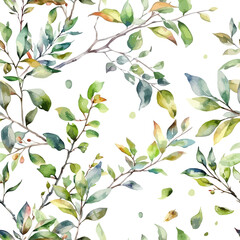 Summer leaves. Leaves watercolor twigs seamless pattern. Vector background