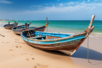 small colorful fishing boats on tropical beach. travel and vacation. generative ai