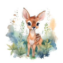 Watercolor Cute Baby Deer. Illustration AI Generative.