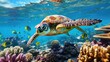 sea turtle with a group of colorful fish and colorful corals underwater in the ocean, underwater world in the ocean. Generative AI
