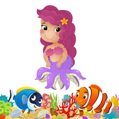 Wall Mural - cartoon scene with coral reef and happy fishes swimming near mermaid isolated illustration for children