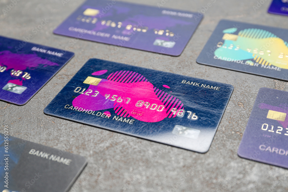 Credit cards on grey grunge background