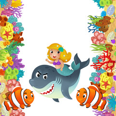 Wall Mural - cartoon scene with coral reef and happy fishes swimming near mermaid isolated illustration for children