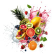 Colorful tropical fruit with juice splashing, on white background. Generative AI