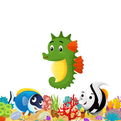 Wall Mural - cartoon scene with coral reef and happy fishes swimming near isolated illustration for children