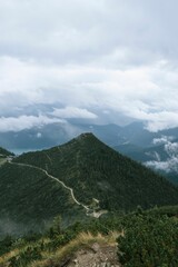 Canvas Print - Aerial vertical view of the white clouds touching green mountains with lush green vegetation