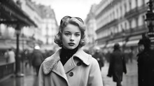 Young Woman Walking In An European City In 1950. Monochromatic Vintage. Generative AI