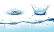 Set of transparent water splashes, drops isolated on transparent background. Water crown splashes with drops. Transparent water waves with air bubbles. Vector illustration