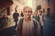 © Erik - Mischievous young blond boy with school bag walking down the street looking at camera, with his friends, AI generated