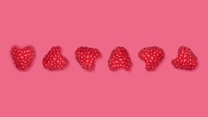 Poster - Top view of a row of fresh raspberries isolated on a pink background