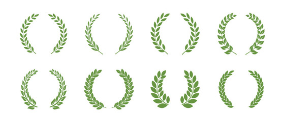 Wall Mural - Vector green laurels set. Circular foliate laurels branches. Laurel wreath silhouette. Trophy crest. Greek olive branch award, winner round emblem