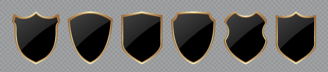 Wall Mural - Set of vector shields. Black glossy shield collection with gold frame. illustration EPS10