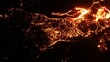 Volcanic eruption with glowing orange lava flow surrounded by a pool of bubbling magma