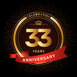 33th anniversary celebration logo design with a golden ring and red ribbon concept, vector template
