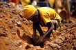 The Grim Reality of Child Labour: Small African Boy Digging in a Mine for Natural Resources, Generative AI