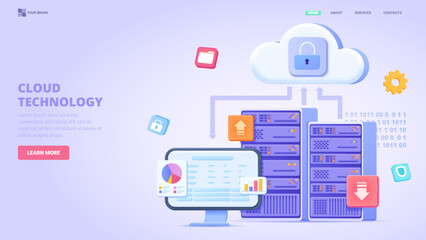 Cloud technology, data server, remote database, cloud computing, data centre, remote data storage, saas. 3d design concept for landing page. Three dimensional vector illustration for website, banner.