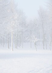 Canvas Print - Vertical of a frosty winter landscape with snow-covered trees in a park