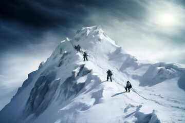 Wall Mural - blizzard hiking winter landscape mountain sport snow nature adventure group. Generative AI.