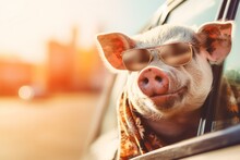 Happy Piggy With Sunglasses And With Head Out Of The Car Window Having Fun. Enyoj Vacancy Trip. Generative AI.