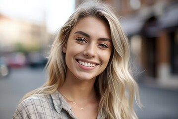 Headshot of a beautiful blond smiling young woman looking at the camera in a city street. Generative AI