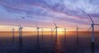 Offshore wind turbines farm on the ocean. Sustainable energy production, clean power. Close-up wind turbine. 3D Rendering.