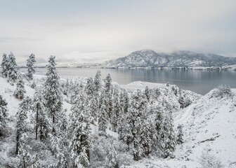 Canvas Print - Image of an Okanagan lake in the mountains covered by white snow.