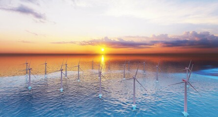 Ocean Wind Farm. Windmill farm in the ocean. Offshore wind turbines in the sea. 