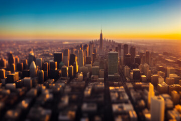 Wall Mural - Evening panorama of a big city at sunset with skyscrapers from the height of a helicopter or quadcopter. Copy space for advertising text. Generative AI.