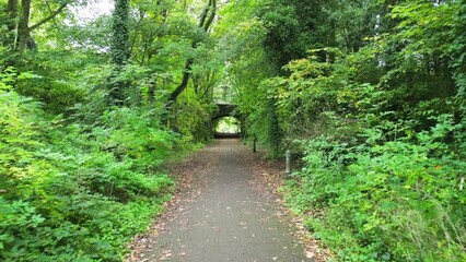 Canvas Print - Narrow trail in a park surrounded by green trees with a bridge in the background