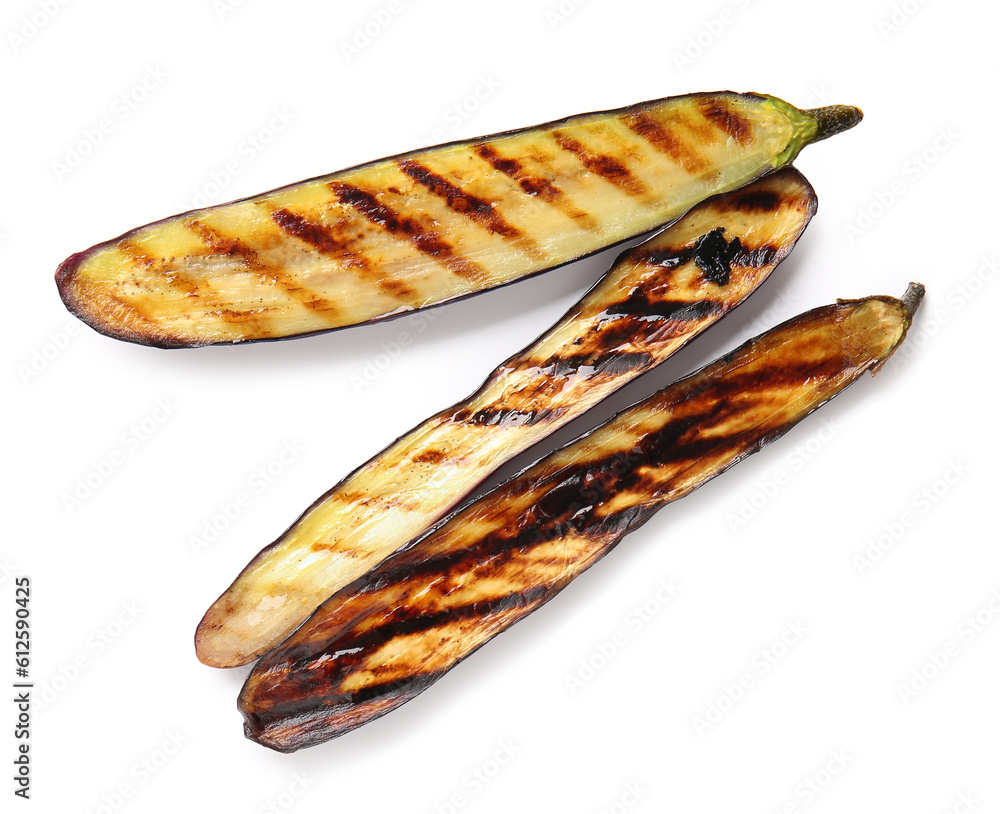 Delicious grilled eggplants on white background