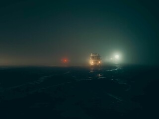 Poster - Truck driving on a foggy road in the middle of the night