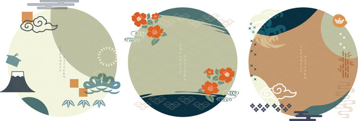 Wall Mural - Japanese icon and symbol with wave pattern vector. Asian object with circle shape. Fuji mountain, Camellia flower, bamboo and cloud object.