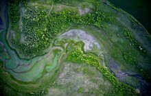 Drone Shot Of The Green Vegetation On The Banks Of A Dried River During Daytime
