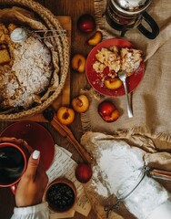 Canvas Print - Vertical top view of a woman holding a cup of coffee with a pie in a basket in the background