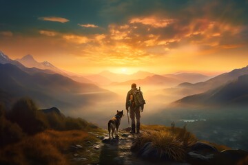 a man walking with a dog, sunset in the mountains, hiking, love nature, ai generated