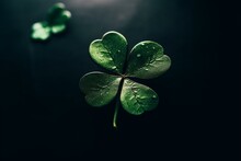 Good Luck Charm Of St. Patrick's Day In Dark Green Background. Symbol Of Plant Clover For Spring Holiday. Generative AI