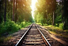A Train Track Stretching Towards The Horizon, Accompanied By A Beautiful Forest, Generative AI, Railroad, Railway, Tracks, Locomotive, Train, Transportation
